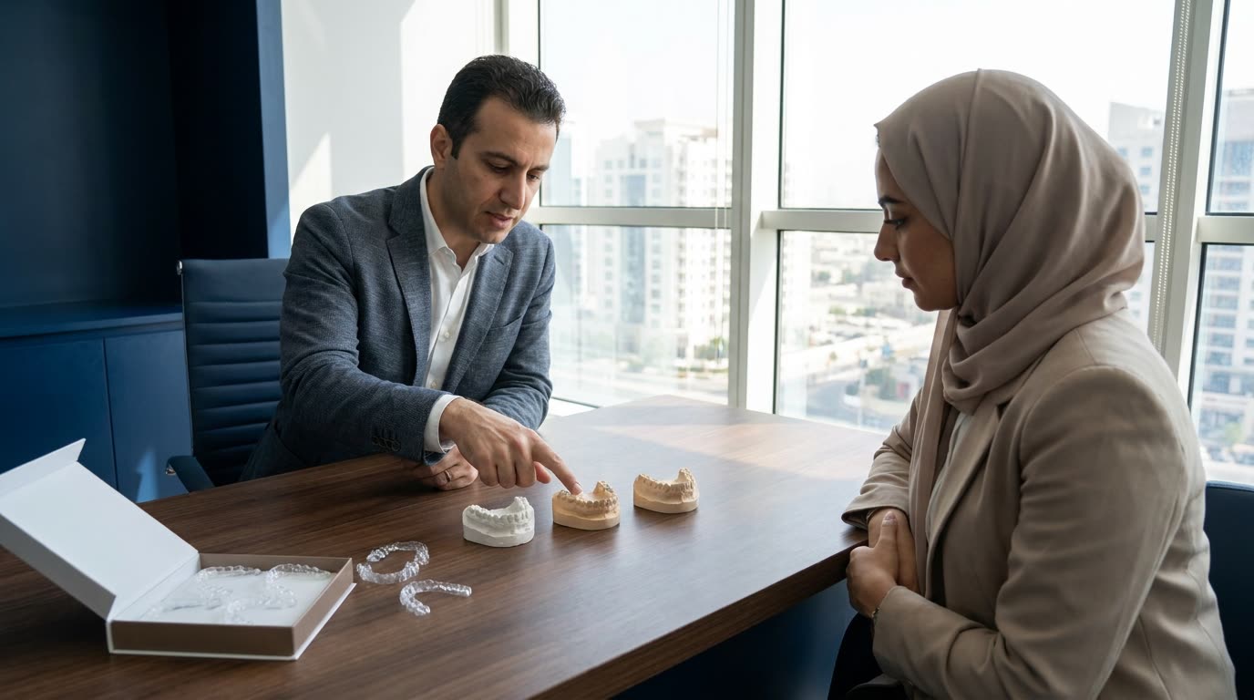 طبيب وزميلة يراجعان نماذج علاج مرحلية وأجهزة تقويم شفافة
